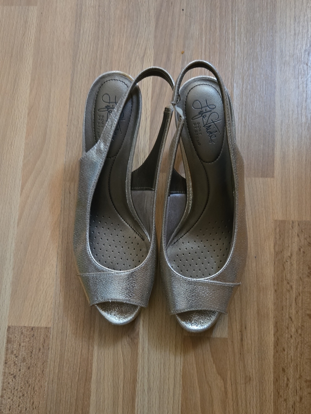 Life Stride Gold Metallic Peep-Toe Slingback Heels